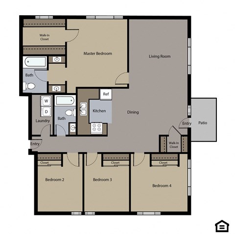Floor plan for 4 beds, 2 baths, 1543 sqft